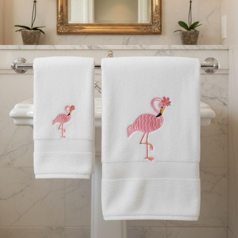 Flamingo Embroidered towel set  super cute made to order 1 hand and 1 bath
